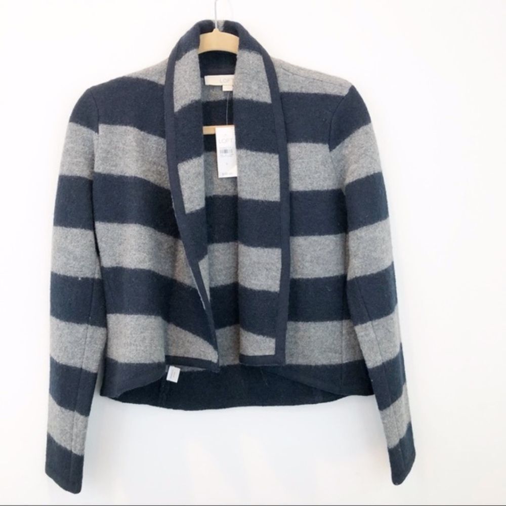 Loft cropped blue and gray 100% wool striped jacket Size Small NWT